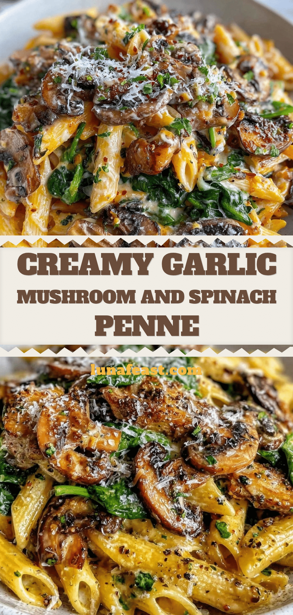 creamy garlic mushroom and spinach penne pasta recipe