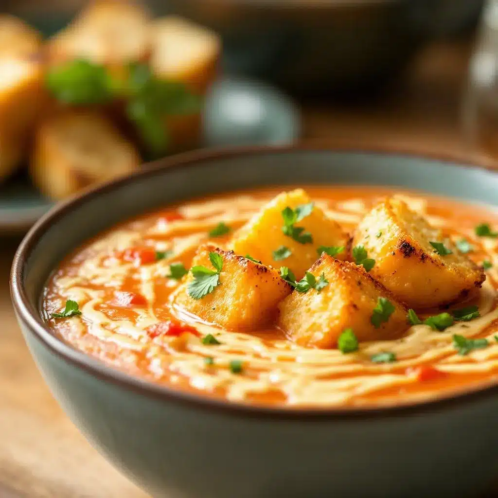 tomato soup with grilled cheese croutons preparation steps