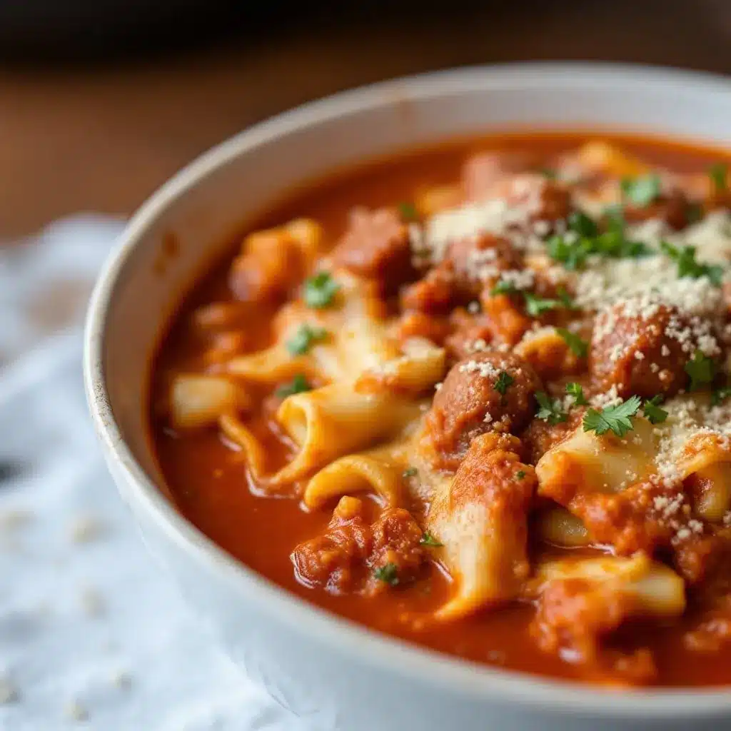 cozy lasagna soup with Italian sausage preparation steps