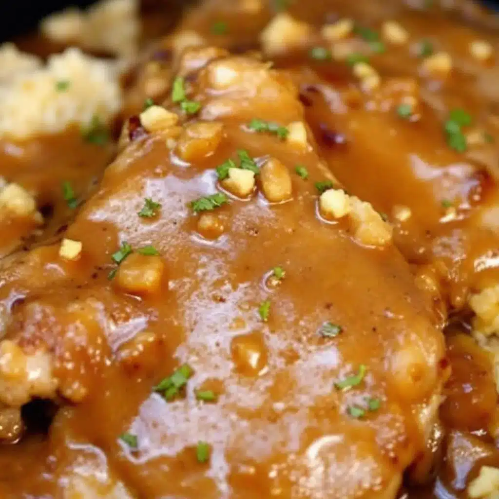 creamy crockpot pork chops with onion gravy - featured image