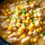 creamy crockpot white chicken chili with corn - featured image