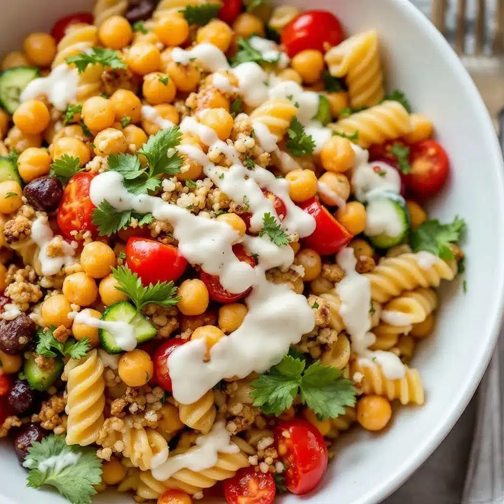 creamy high-fiber chickpea pasta salad preparation steps