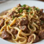 creamy slow cooker beef stroganoff - featured image