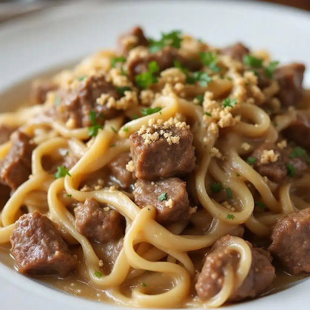 creamy slow cooker beef stroganoff - featured image