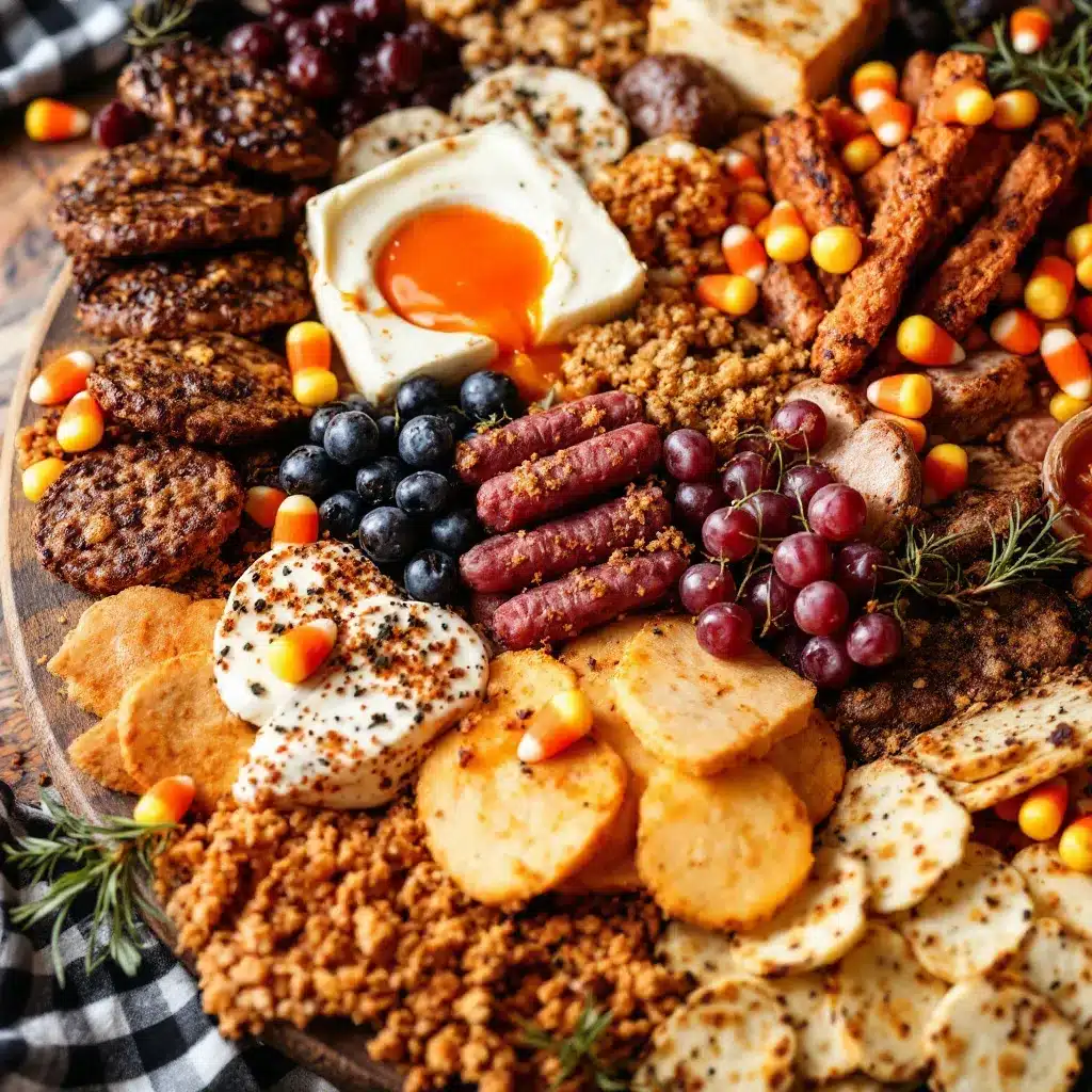Halloween charcuterie board with candy corn preparation steps